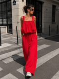 Rode Stretch Two Piece Set met Mouwloze Top en Wide Leg Broek