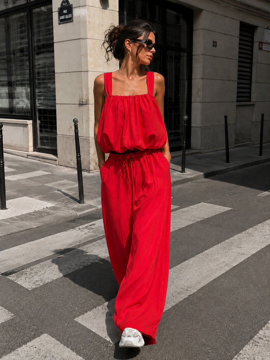 Rode Stretch Two Piece Set met Mouwloze Top en Wide Leg Broek