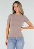 Taupe Basic T-Shirt met Korte Mouwen en Ronde Hals