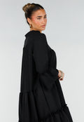 Zwarte Midi Jurk met V-Hals en Ruffle Details