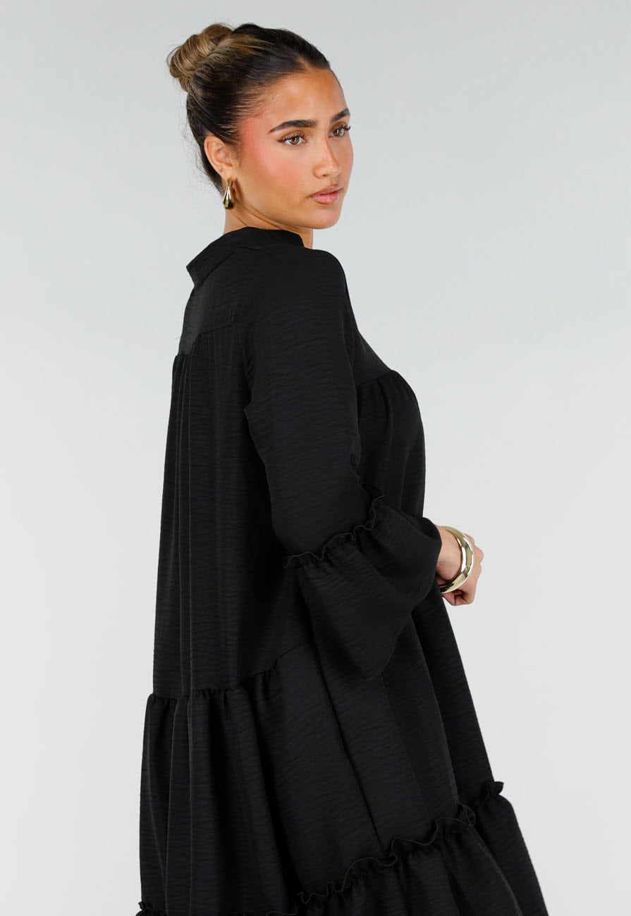 Zwarte Midi Jurk met V-Hals en Ruffle Details