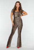Aansluitende Luipaardprint Jumpsuit met Vierkante Hals, Korte Mouwen en Uitlopende Pijpen