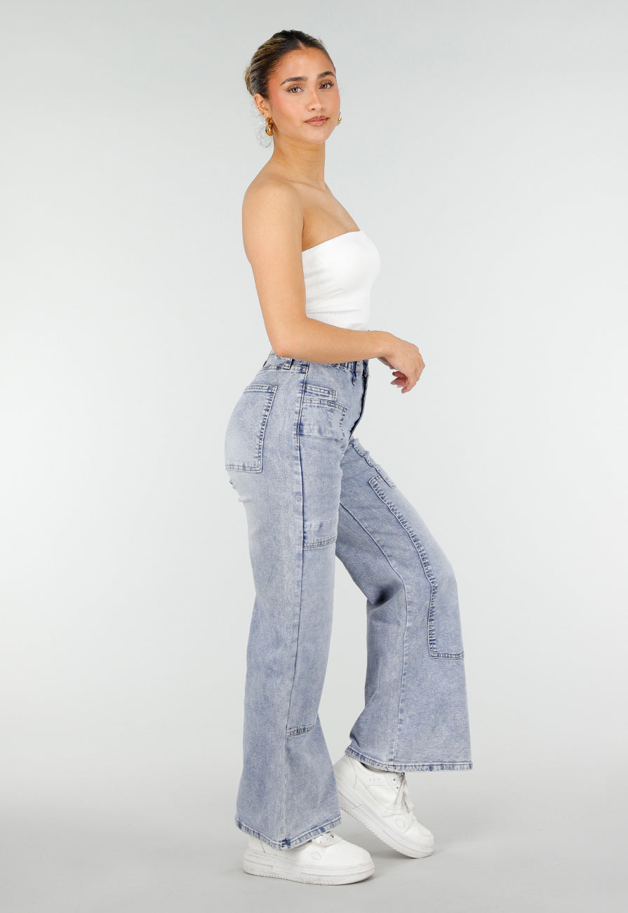 Lichtblauwe Denim Petite Wide Leg Jeans met Hoge Taille en Patch Details