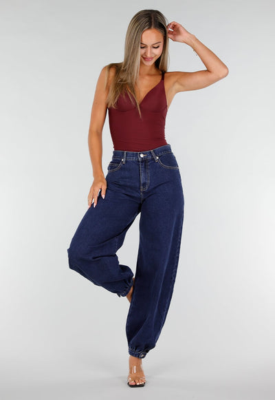 Donkerblauwe Denim Barrel Jeans met Wijde Pijpen en Elastische Enkelboorden
