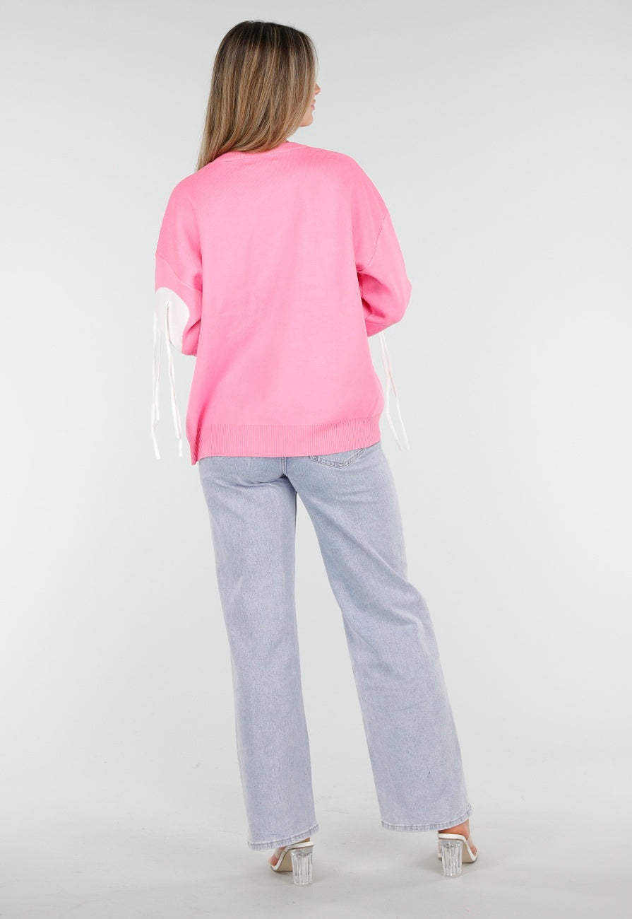 Roze Trui met Witte Hartprint en Franjes