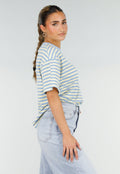 Geel Blauw Gestreept T-shirt met Korte Mouwen en Ronde Hals
