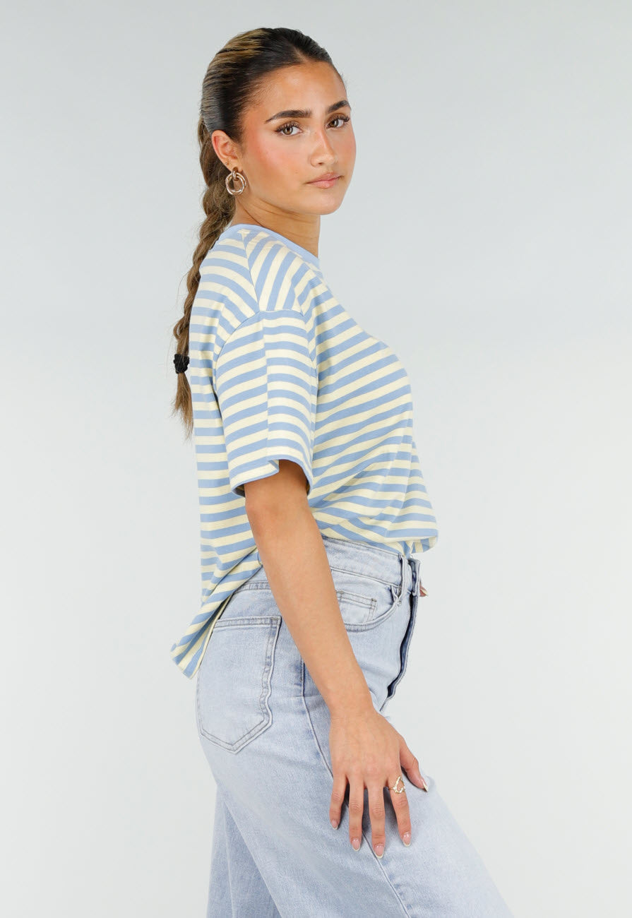 Geel Blauw Gestreept T-shirt met Korte Mouwen en Ronde Hals
