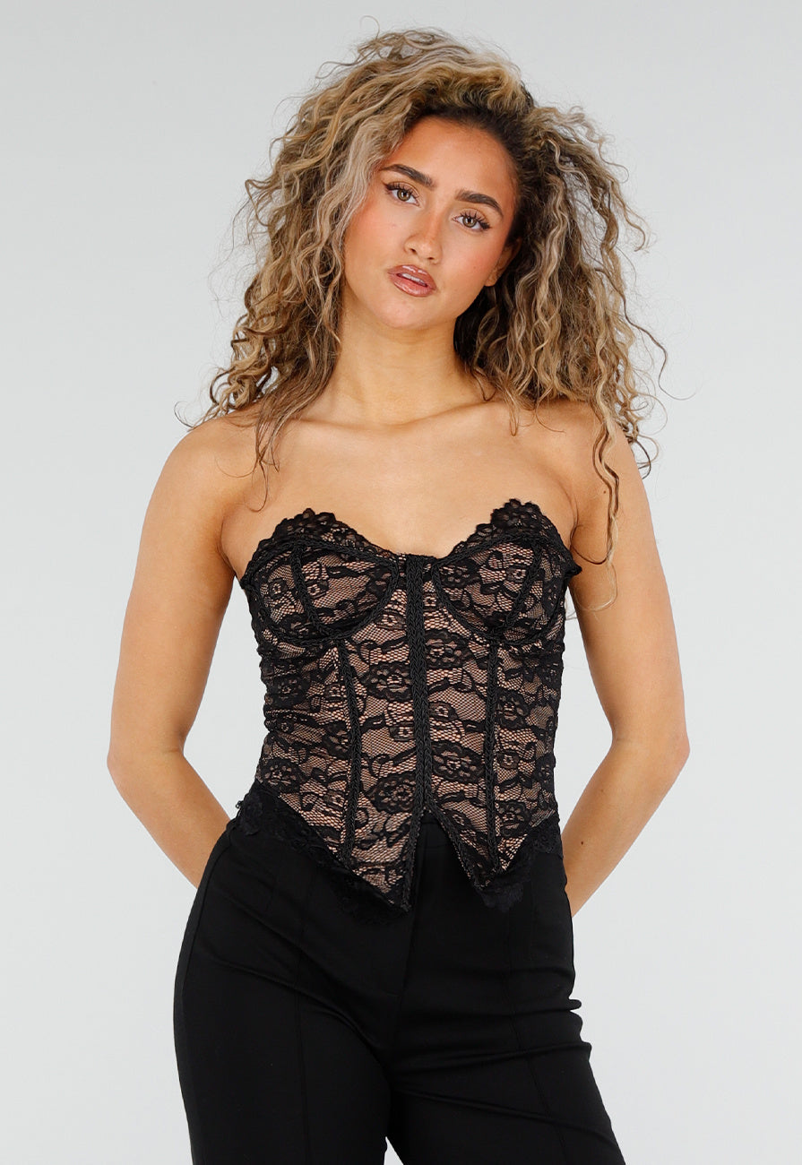 Zwarte Lace Bustier Top met Stretch