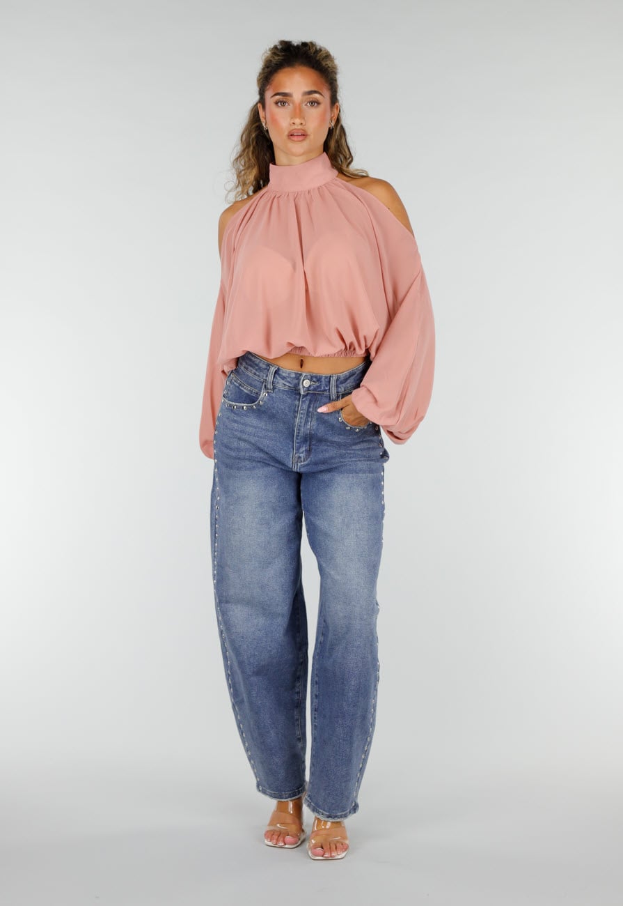 Blauwe Barrel Jeans met Stud Details Langs de Broekspijpen
