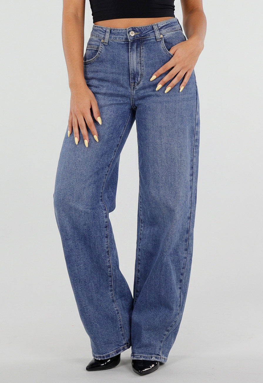 Blauwe Barrel Jeans met Hoge Taille en Lichte Stretch