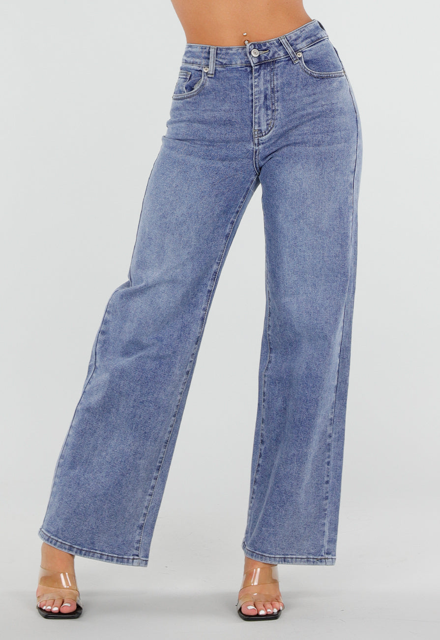 Blauwe Wide Leg Jeans met Ster Achterzak en Lichte Stretch
