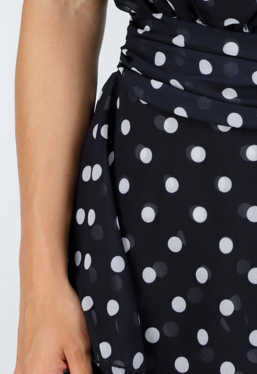 Zwarte Polkadot Playsuit met Halterhals en Volantlaag