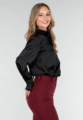 Zwarte Satijnlook Blouse met Lange Mouwen en Knoopsluiting