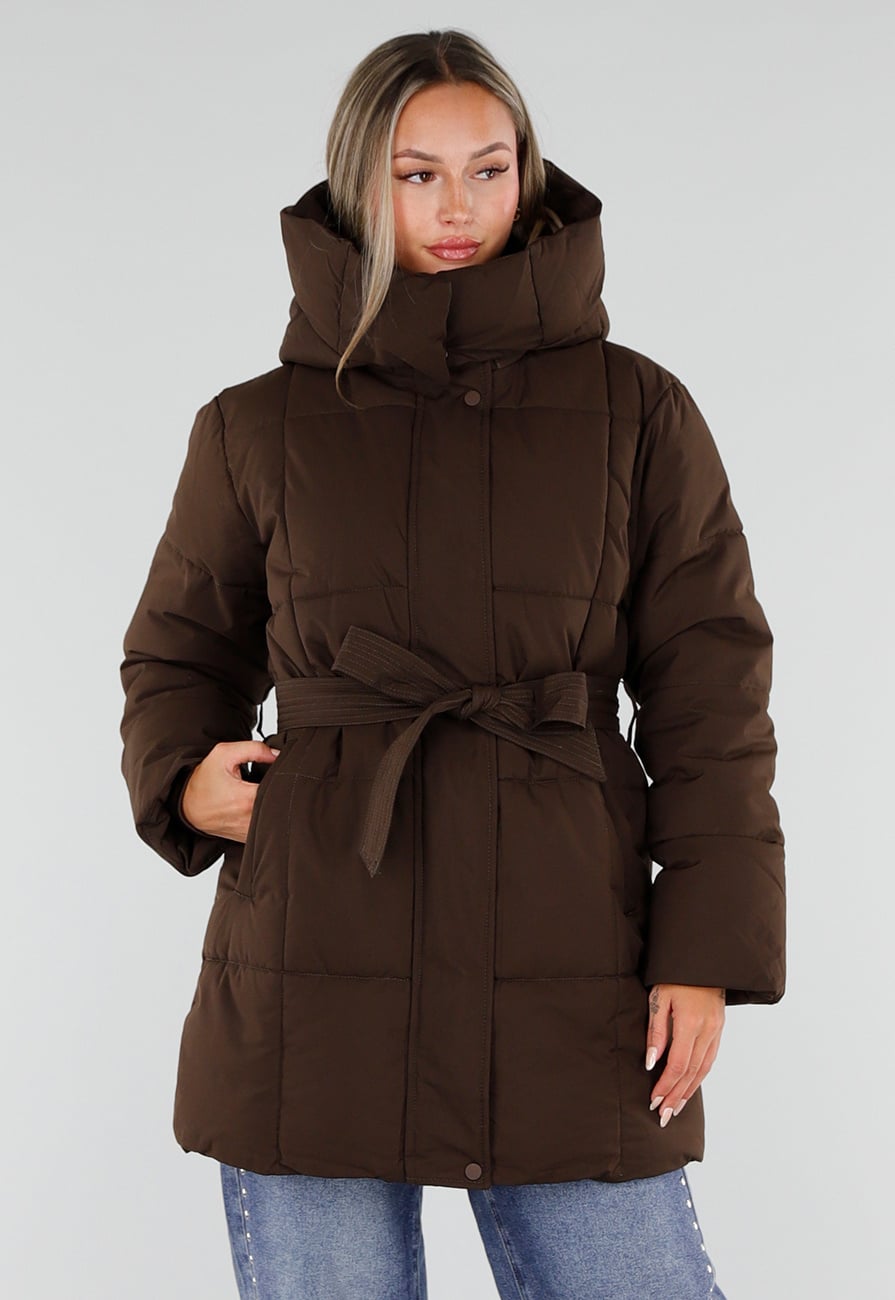 Bruine Lange Gewatteerde Parka Winterjas met Afneembare Capuchon