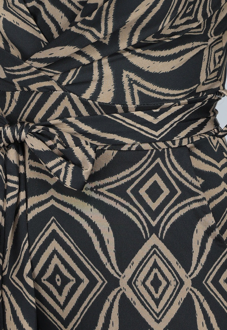 Zwarte Overslag Jumpsuit met Bruin Ruit Patroon
