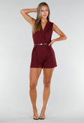 Bordeauxrode Mouwloze Playsuit met Revers, Riem, Blinde Rits en Stretch
