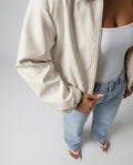 Crème Cropped Bomberjack met Ritssluiting en Ballonmouwen