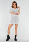 Witte Mesh T-Shirtjurk met Zilveren Glitters en Jerseyprint