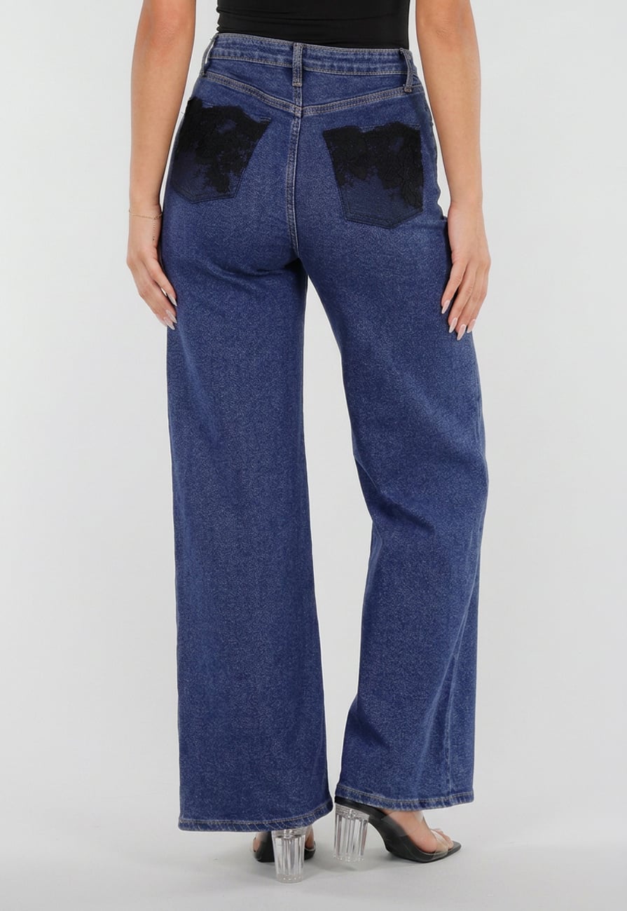 Blauwe Denim Wide Leg Jeans met Zwarte Kanten Achterzakken