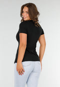 Zwart Stretch T-Shirt met Slim Fit, Ronde Hals en Zijsplit