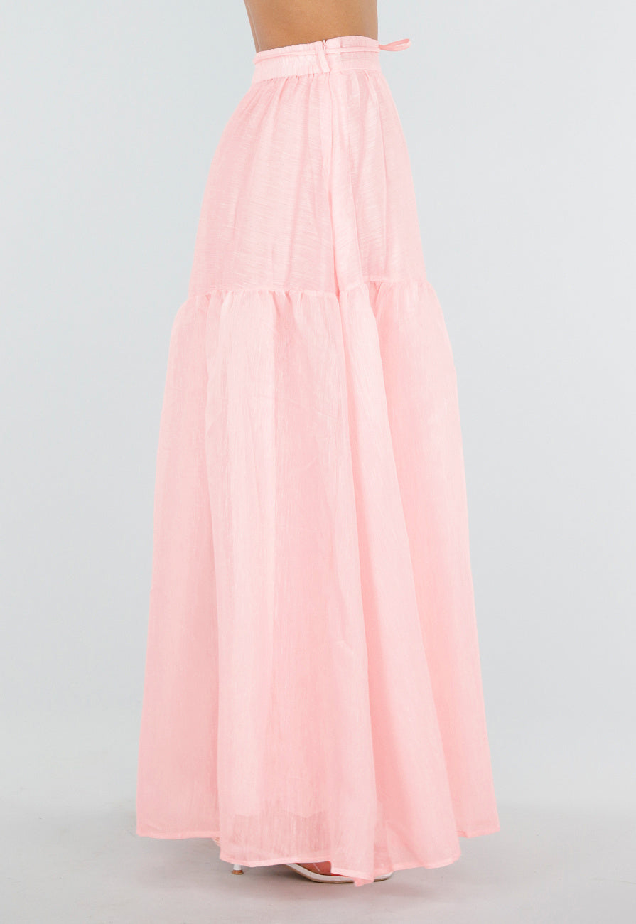 Lichtroze Maxi Rok met Strikceintuur en Volant