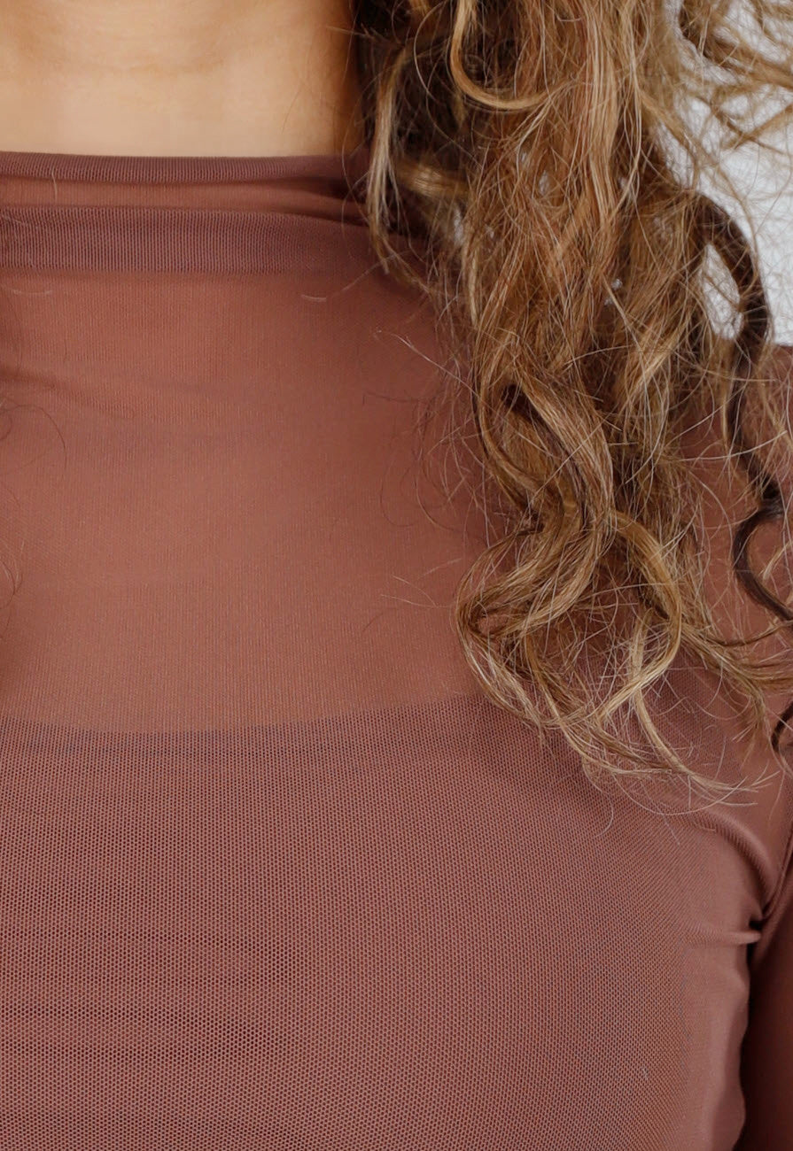 Bruine Mesh Crop Top met Stretch en Ingebouwde Pads