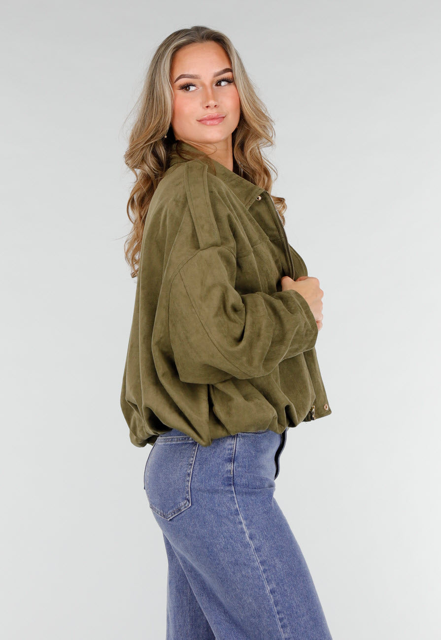 Olijfgroene Oversized Jas van Suède Look met Kraag en Lange Mouwen