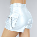 Metallic Zilveren Lederlook Cargo Short met Hoge Taille