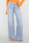 Lichtblauwe Denim Wide Leg Jeans met Kantdetail en Hoge Taille
