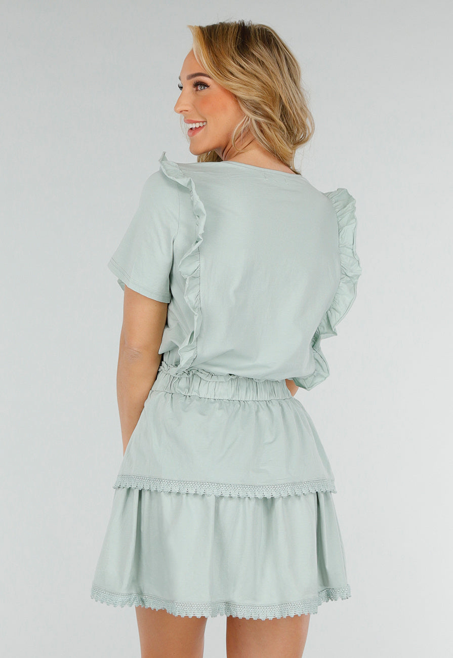 Mintgroene Two Piece Set met Ruches en Embroidery details