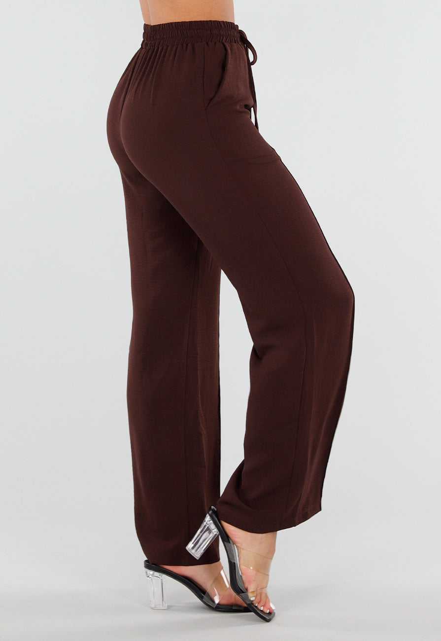 Bruine Wide Leg Broek met Elastische Taille en Strikkoord