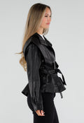 Zwarte Lederlook Peplum Jas met Ceintuur en Hoge Kraag