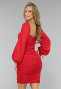 Mesh Glitter Jurk in Rood met Pofmouwen