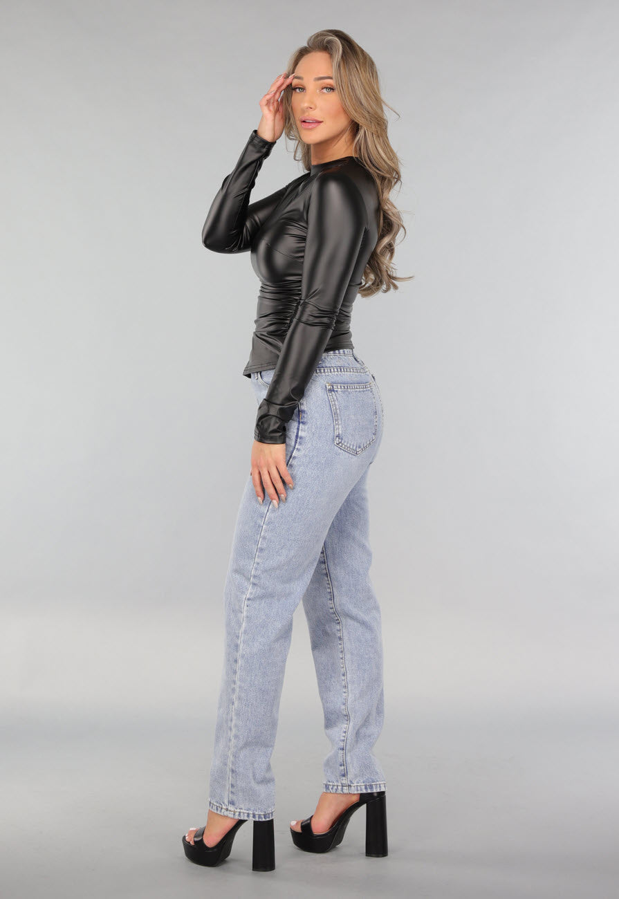 Zwarte Longsleeve Geplooide Lederlook Top