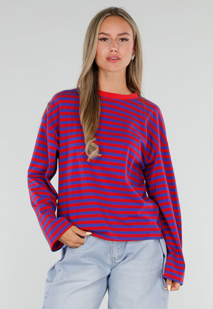 Rood Blauwe Gestreepte Top met Lange Mouwen en Ronde Hals