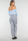 Blauwe Off Shoulder Top met Lange Mouwen en Stretchstof
