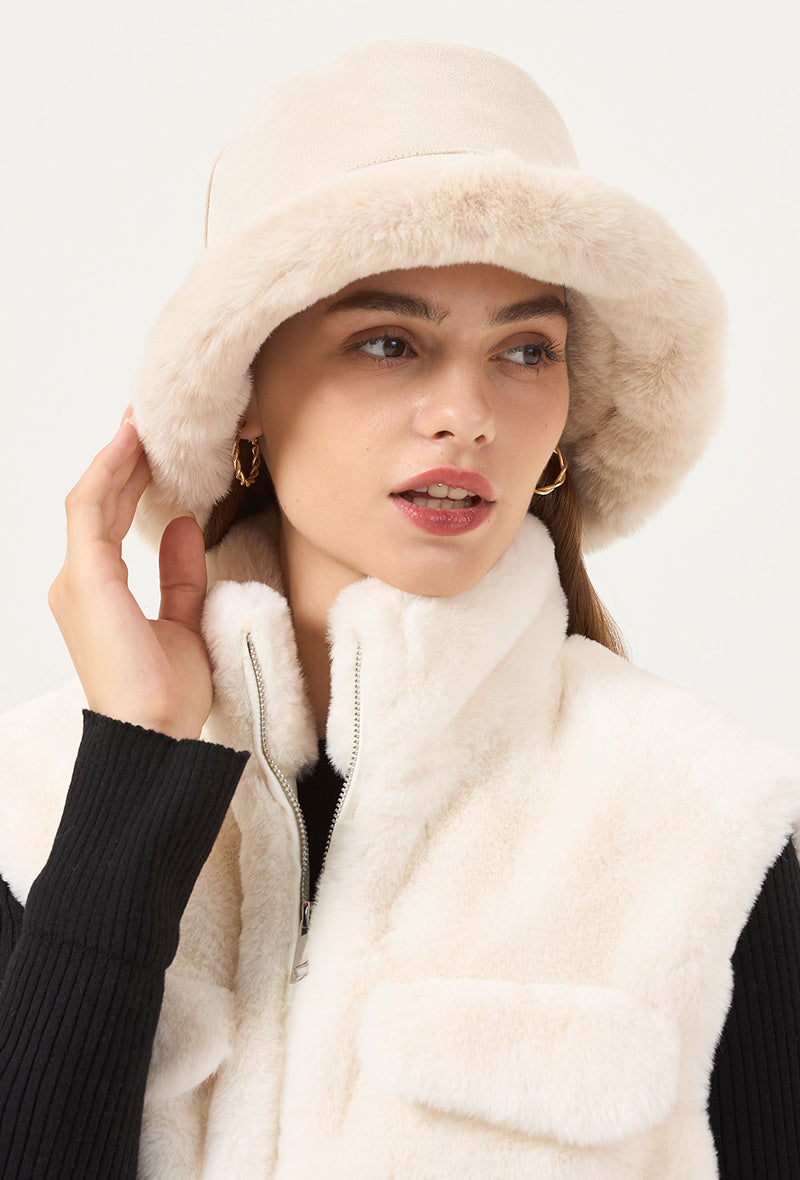 Suèdelook Bucket Hat met Bont Randje