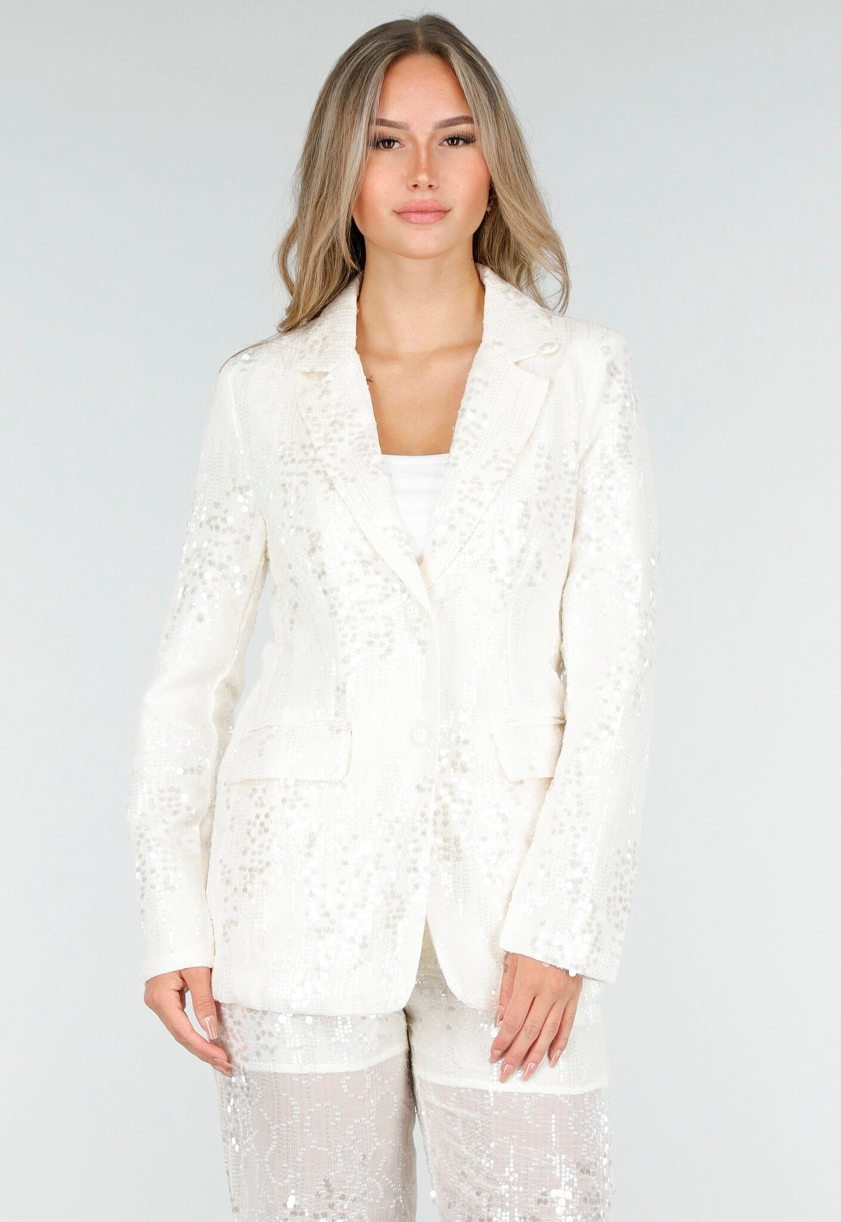 Witte Pailletten Set met Blazer en Rechte Broek