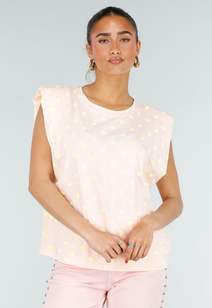 Roze Mouwloze Top met Gele Stippen en Schoudervulling