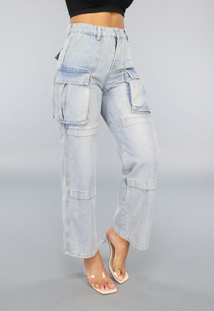 Blauwe Utility Jeans met Wijde Pijpen en Zakken