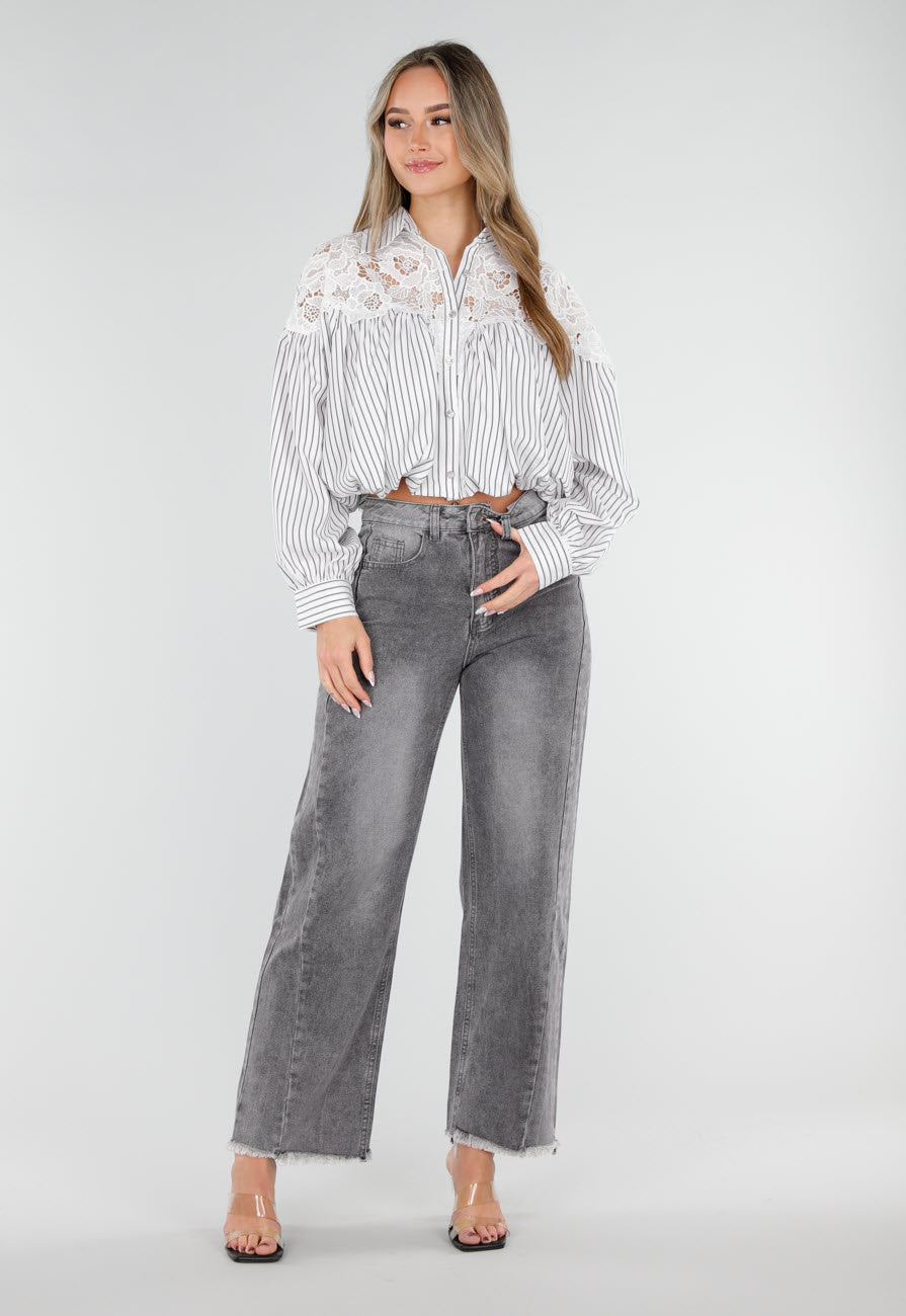 Grijze High Waist Straight Leg Jeans met Rafelige Zoom