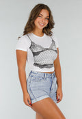 Witte Croptop met Zwarte Korsetprint  en Kantdetails