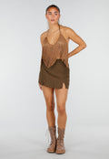 Bruine Fringe Haltertop met Open Rug
