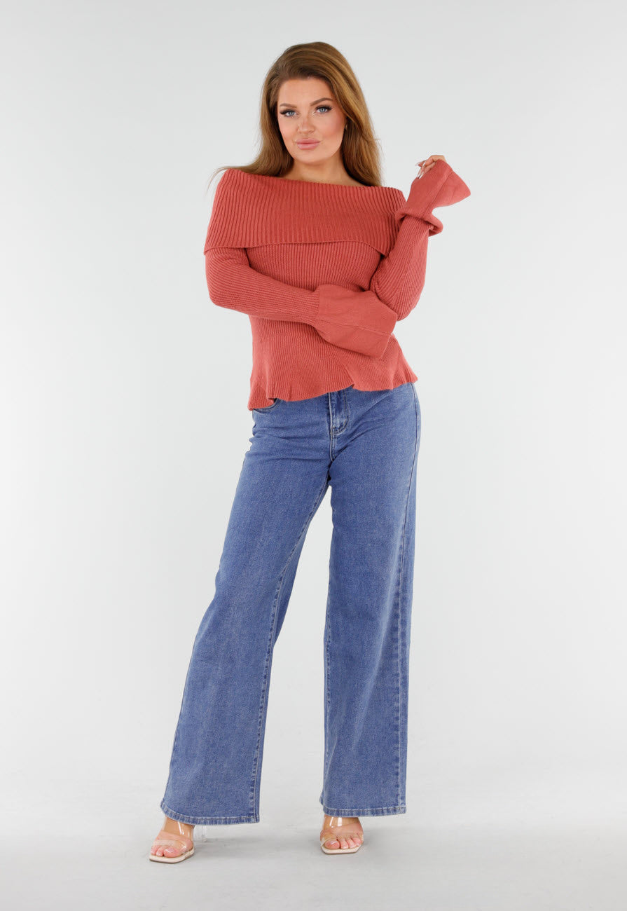 Terracotta Off Shoulder Gebreide Trui met Uitlopende Mouwen