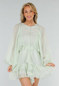 Mintgroene Korte Jurk met Volants, Knoopjes en Ballonmouwen