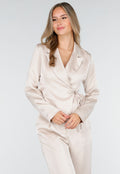 Champagnekleurige Satijnlook Wrap Blazer met Strik
