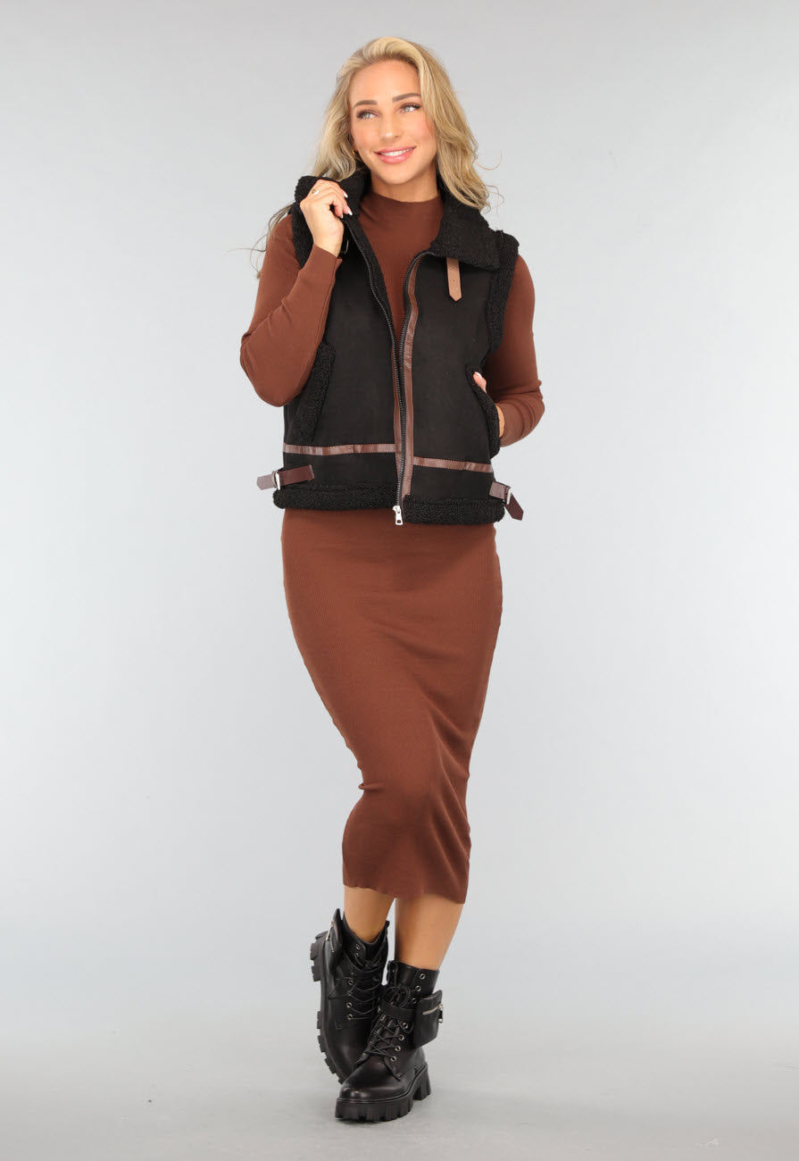 Zwart Teddy Gilet met Gesp Details