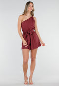 Bordeaux Playsuit met One Shoulder en Strik Tailleband