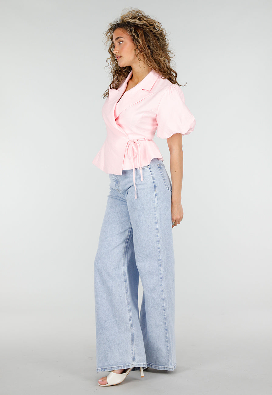 Lichtblauwe Denim Wide Leg Jeans met Hoge Taille