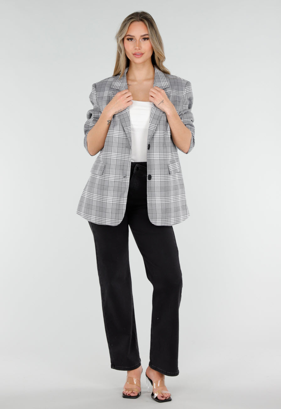 Grijze Geruite Blazer met Lange Mouwen en Knopen